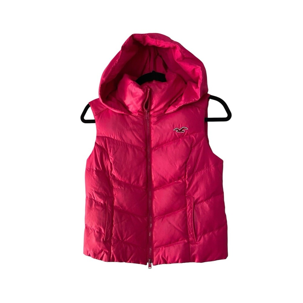Hollister Womens Y2K Hooded Puffer‎ Vest Size S Pink 50/50 Down Feather Preppy